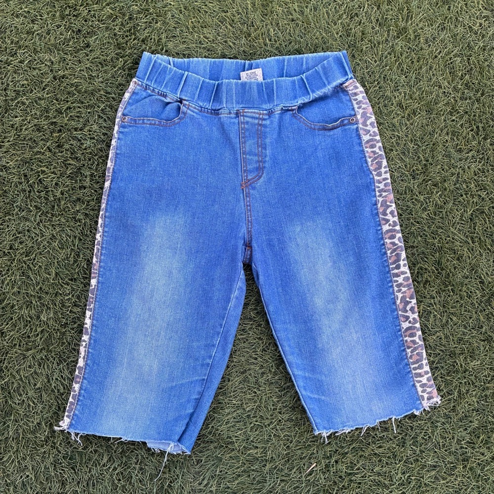 Jvini Women's S 24x10 Blue Denim Capri Jean Pants Leopard Stripe Raw Hem Y2K 90s